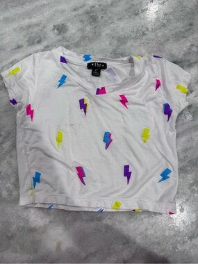 Flowers by Zoe White Crop Tee with Multicolor Lightning Bolts